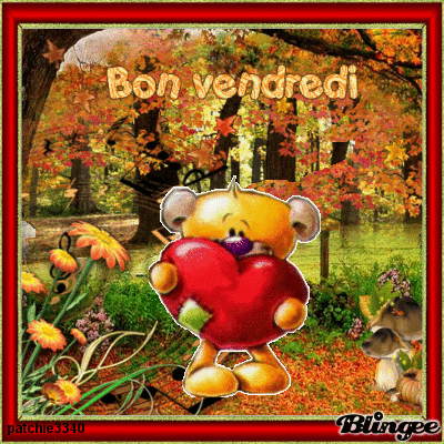 a picture of a teddy bear holding a heart with the words bon vendredi written on it