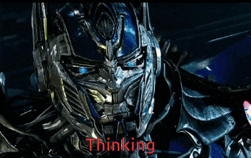 a picture of optimus prime from transformers with the word thinking below it