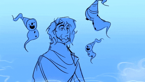 a drawing of a man with a hat on his head surrounded by ghosts