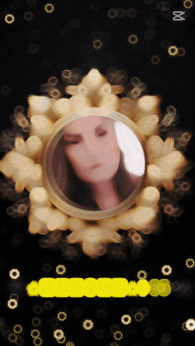 a picture of a woman in a gold frame is surrounded by gold circles and a yellow circle with the number 16 on it