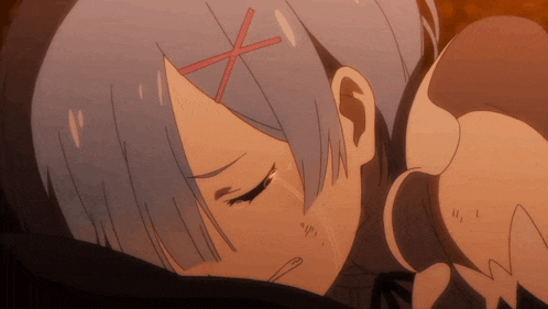 a girl with blue hair and a red x on her head