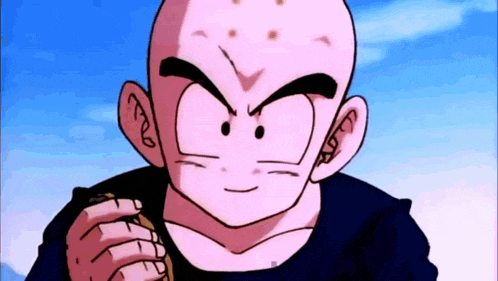 a close up of a cartoon character with a bald head and a tattoo on his forehead .