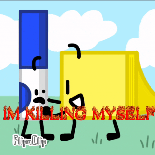 a cartoon of a blue marker and a yellow box with the words im killing myself in red letters