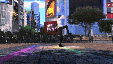a man stands on one leg in front of a sign that says shibuya