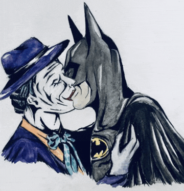 a drawing of the joker and batman kissing each other
