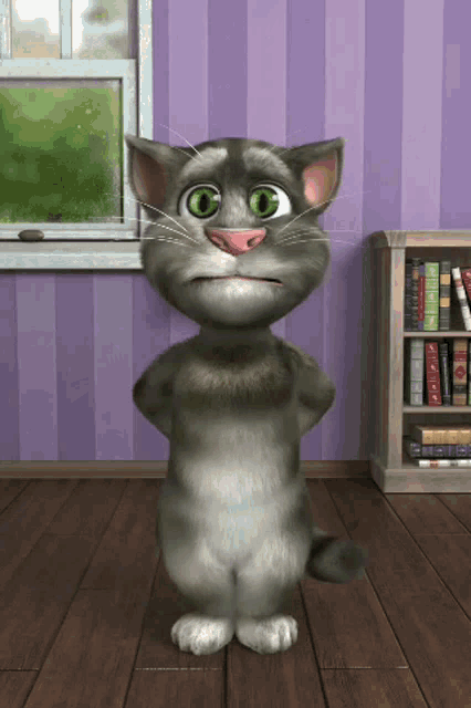a talking tom cat standing on a wooden floor