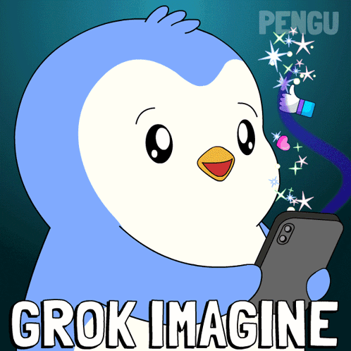 a penguin holding a cell phone with the words grok imagine written below it