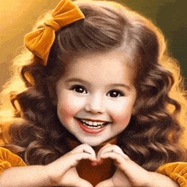 a little girl is smiling and making a heart with her hands .