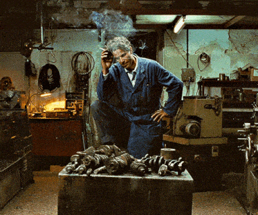 a man smoking a cigarette in a garage while looking at a pile of parts