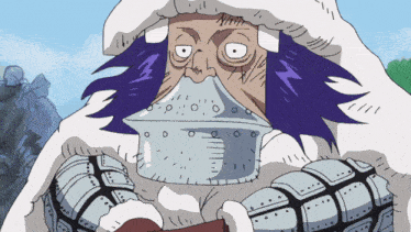 a cartoon drawing of a man with purple hair and a white hood