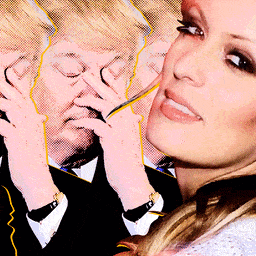 a woman is looking at a man in a suit and tie with his hands on her face