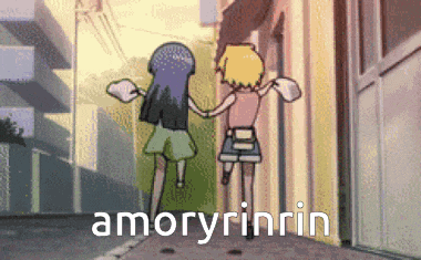 a cartoon of two girls jumping in the air with the word amoryrinrin written below them