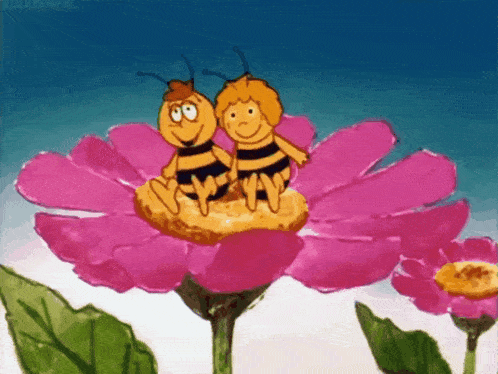 two bees are sitting on a pink flower