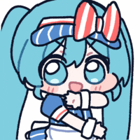 a cartoon drawing of a girl with blue hair and a red white and blue bow