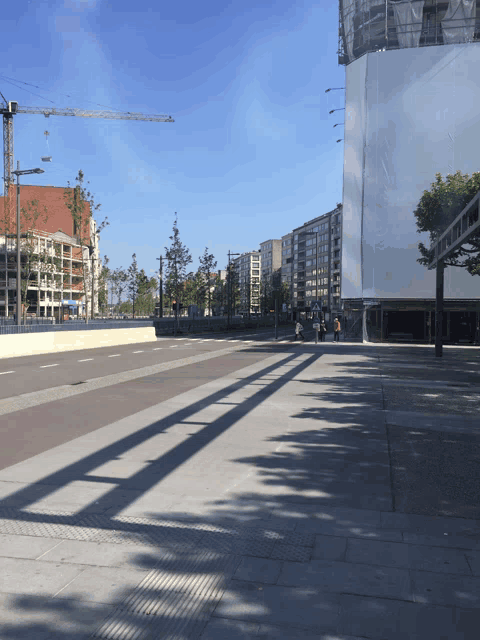 a shadow of a tree casts on the sidewalk in front of a building under construction