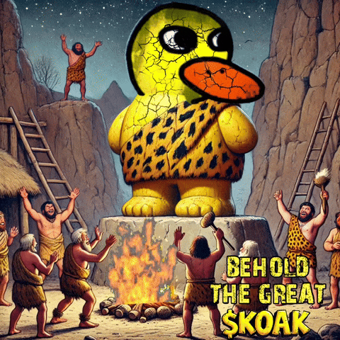 a cartoon drawing of a group of cavemen surrounding a statue of a duck titled behold the great skoak