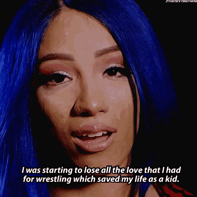 a woman with blue hair is crying and saying i was starting to lose all the love that i had for wrestling