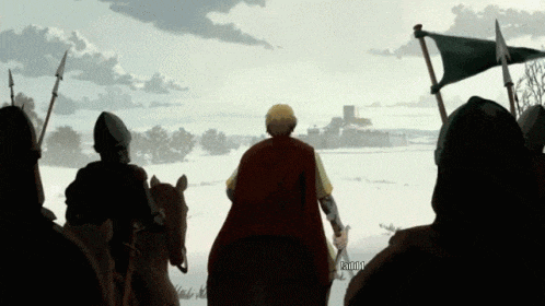 a man in a red cape stands in front of a group of soldiers with the word rando on the bottom