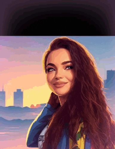 a painting of a woman with long hair and a shirt that says em on it