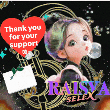 a little girl blowing a bubble next to a thank you for your support sign