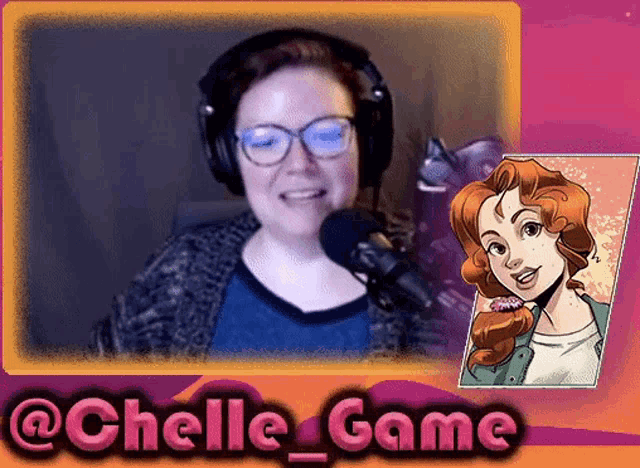 a woman wearing headphones talks into a microphone next to a picture of a woman with red hair and the words @chelle_game