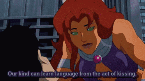 a cartoon of a woman talking to a man with the words our kind can learn language from the act of kissing