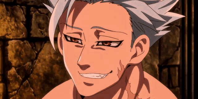 a shirtless anime character with red eyes and a smile on his face