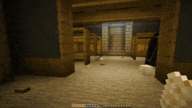 a screenshot of a minecraft game shows a room with a staircase leading to a doorway