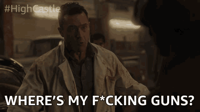 a man with blood on his shirt is asking where 's my f * cking guns