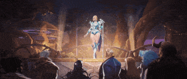 a painting of a woman standing on a stage with a microphone