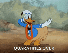 a cartoon of donald duck dancing with the words quaratines over written below him