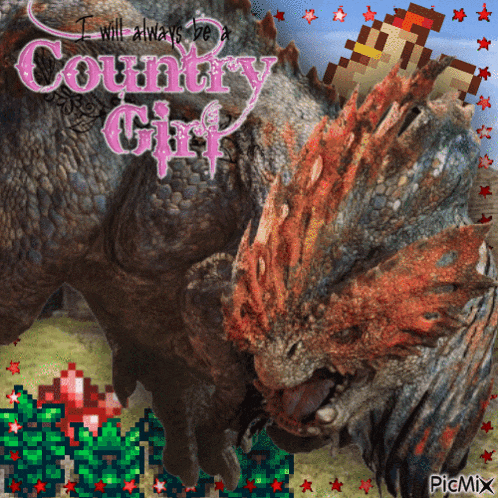 a picture of a dinosaur with the words " i will always be a country girl " on it