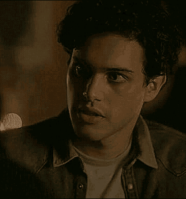 a young man with curly hair is wearing a denim jacket and a white t-shirt .