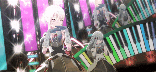 a girl with white hair is standing in front of a piano keyboard .