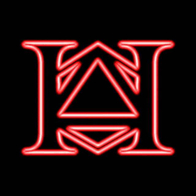 a neon sign of the letter h with a triangle in the middle on a black background