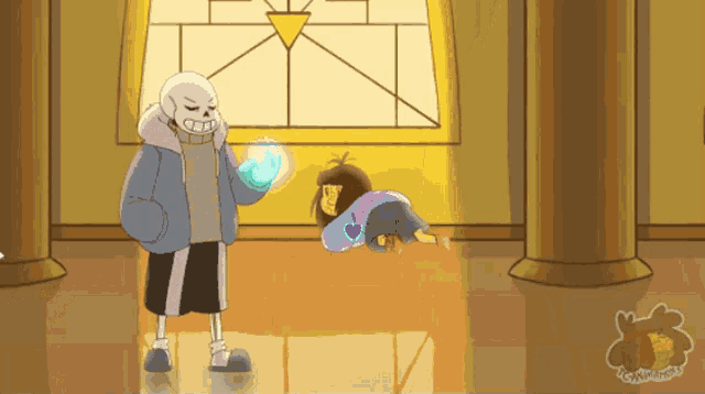 a cartoon drawing of a skeleton holding a glowing object