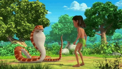 a cartoon scene of a boy and a snake