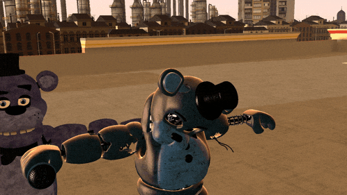 a cartoon of a teddy bear standing next to another teddy bear with a city in the background