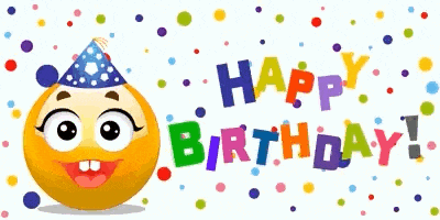 a birthday card with a smiley face wearing a party hat and the words " happy birthday "