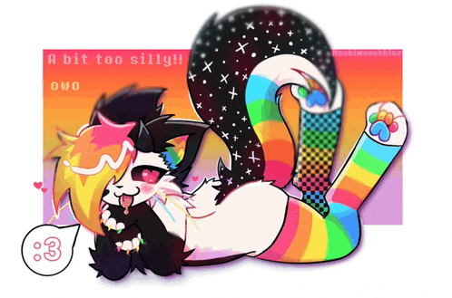 a drawing of a cat with a rainbow tail and a speech bubble with the number 3