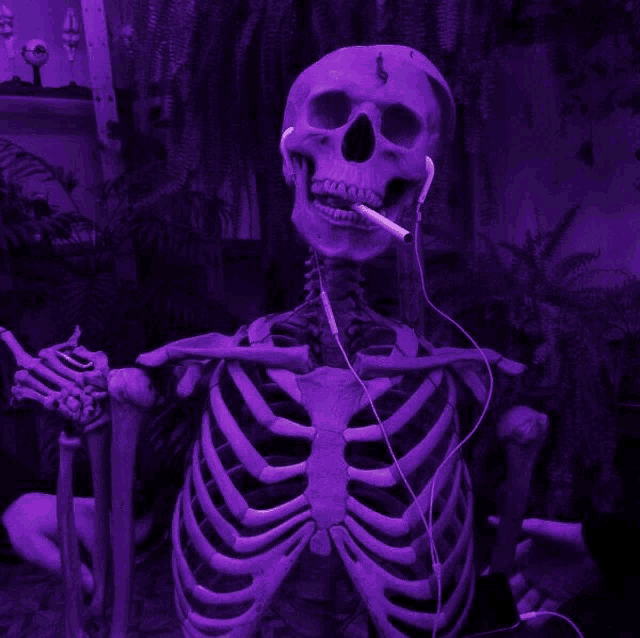 a skeleton wearing headphones and smoking a cigarette in a purple room
