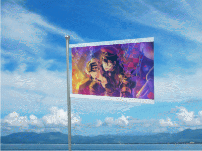 a flag with a picture of a man holding a gun