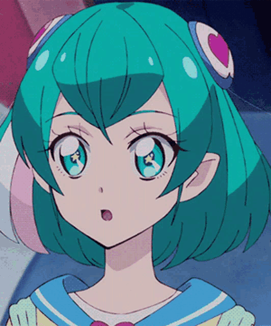 a close up of a girl with blue hair