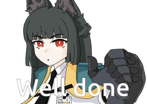 a drawing of a girl with red eyes and the words well done
