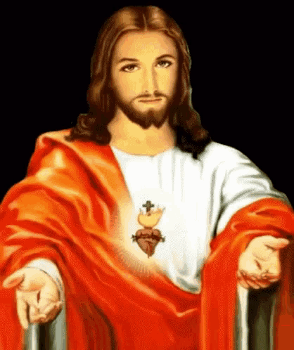 a painting of jesus with a red robe and a cross around his neck