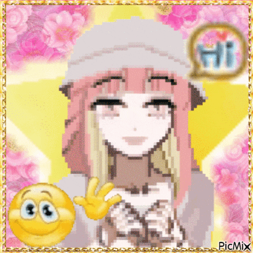 a pixel art of a girl with a smiley face and the word hi in the corner