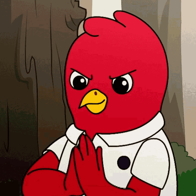 a cartoon of a red bird with a yellow beak and a white shirt