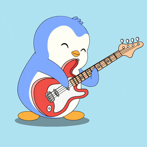 a penguin is playing a red and white electric guitar