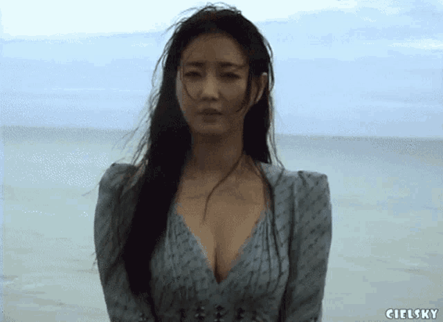 a woman with a plunging neckline is standing in front of the ocean ..
