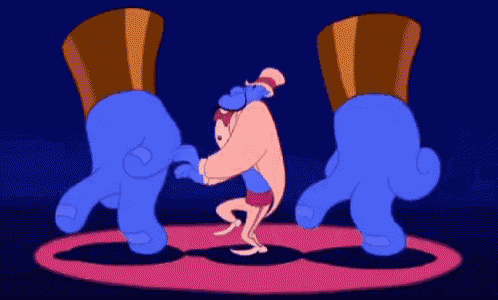 a cartoon character is doing a handstand in front of a pair of giant feet